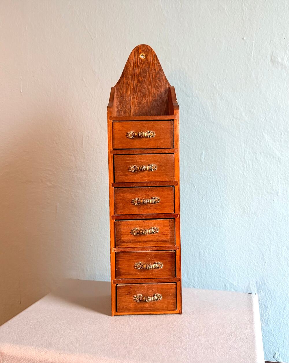 Vintage Vertical Wooden 6 Drawer Apothecary Chest 16" Narrow Wall Hanging